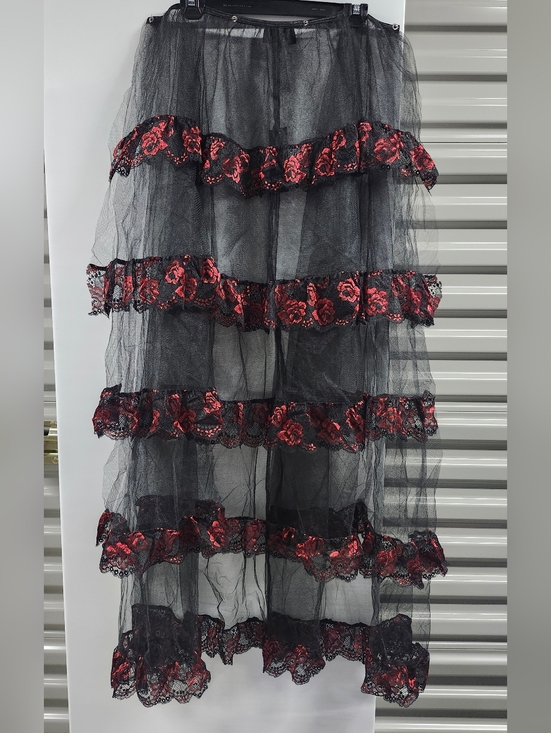Dolls Kill Dresses & Skirts - Widow Dolls Kill Black Sheer Tiered Bustle Skirt with Red Floral Lace Trim